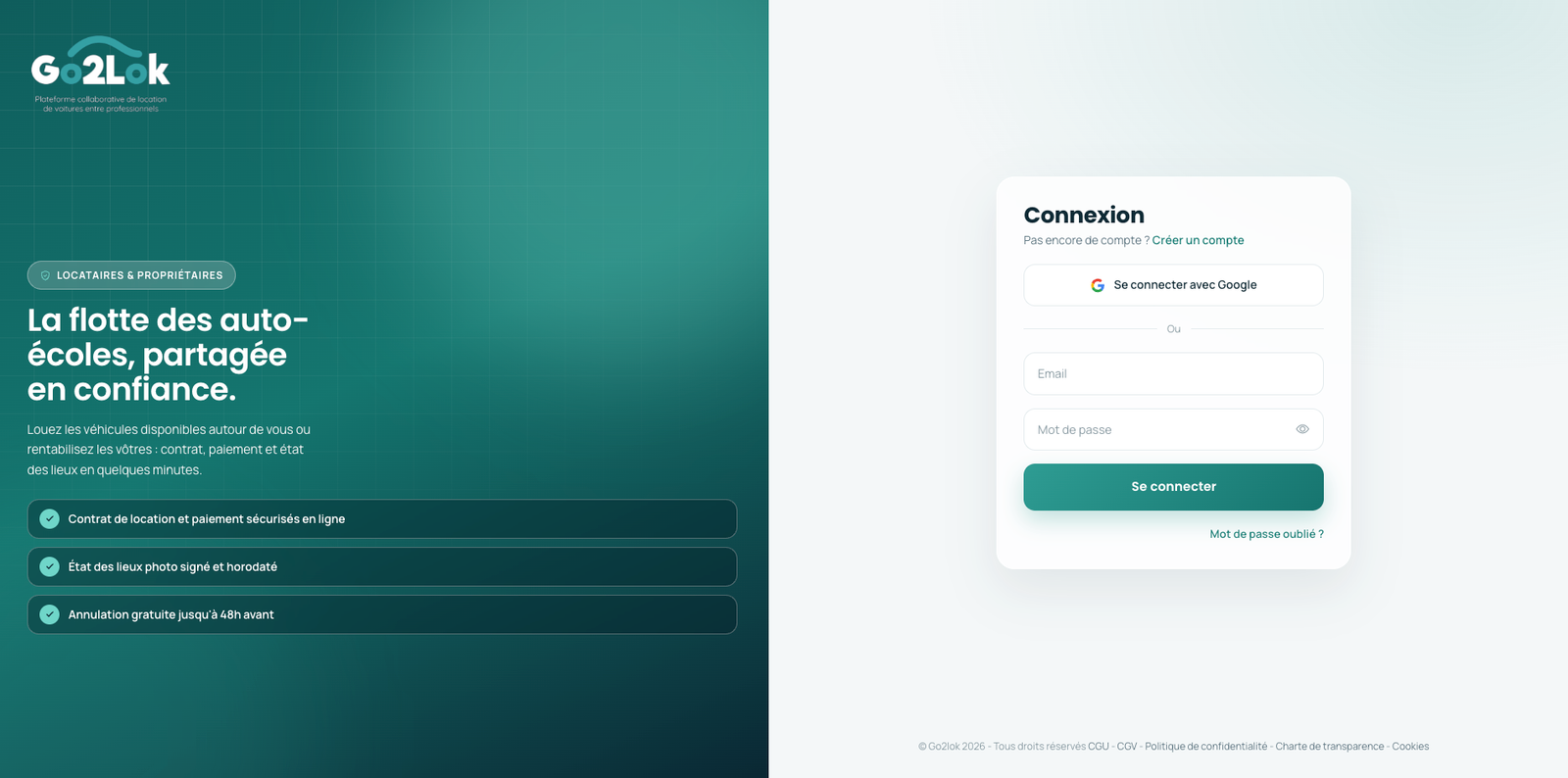 Page de connexion Go2Lok avec connexion Google ou par e-mail