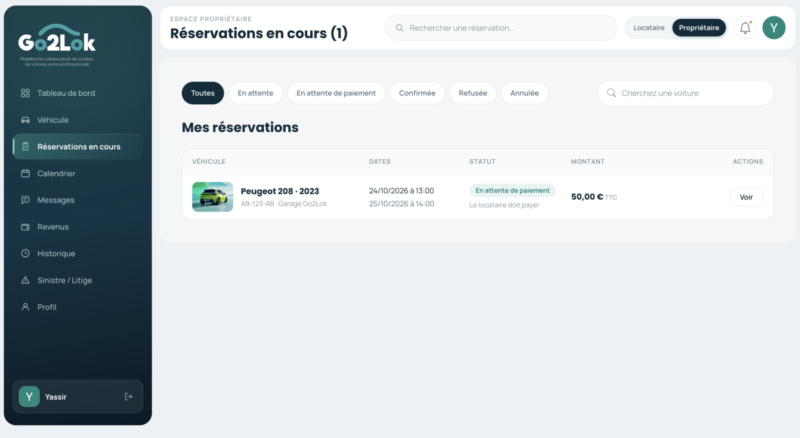Espace propriétaire Go2Lok : liste des réservations en cours avec véhicule, dates, statut et montant
